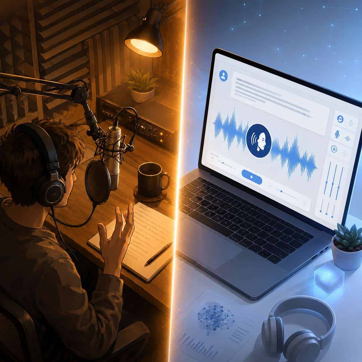 () conceptual illustration showing a split-screen comparison: on the left side a traditional recording studio with acoustic
