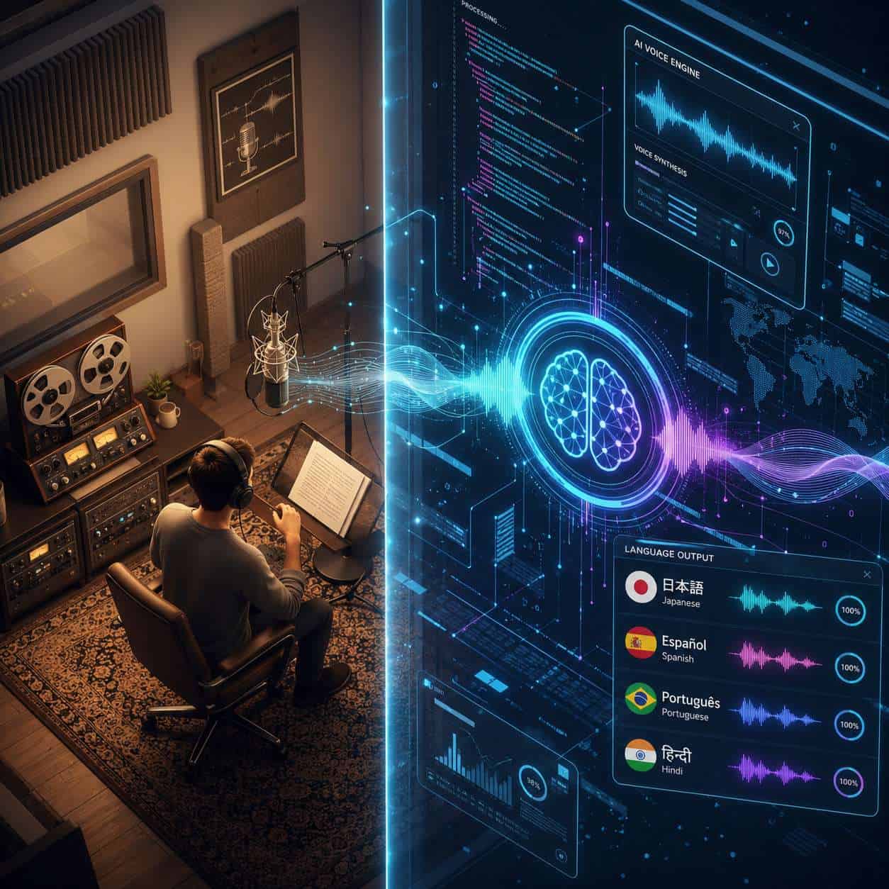 () conceptual illustration showing a split-screen comparison: on the left side a traditional recording studio with vintage