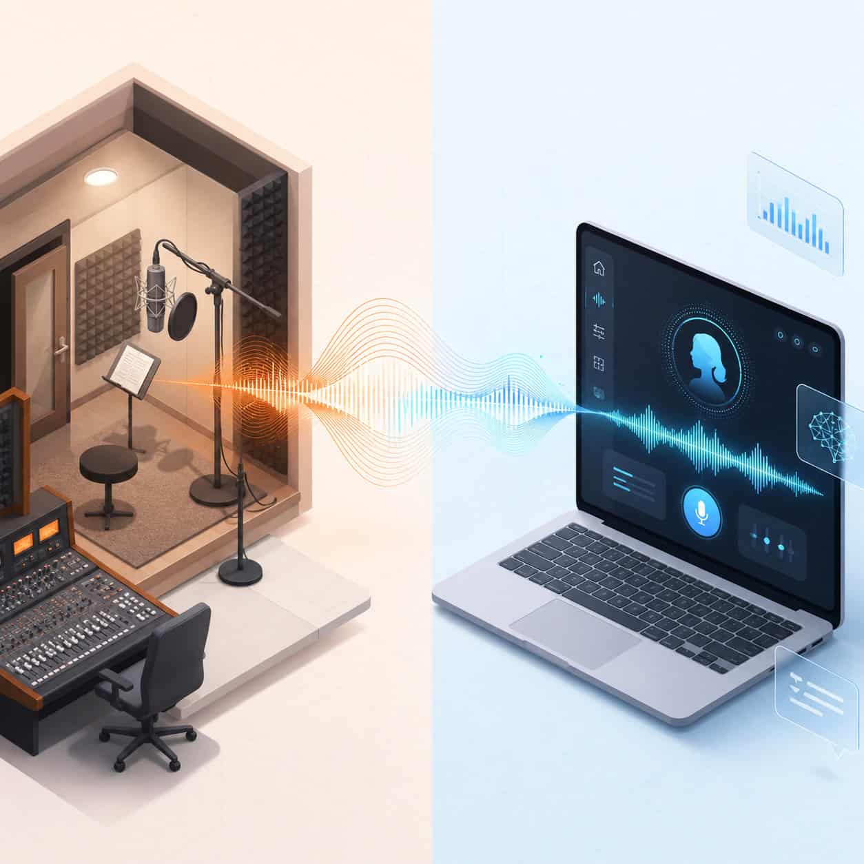 () conceptual illustration showing a split-screen comparison: on the left side a traditional recording studio with