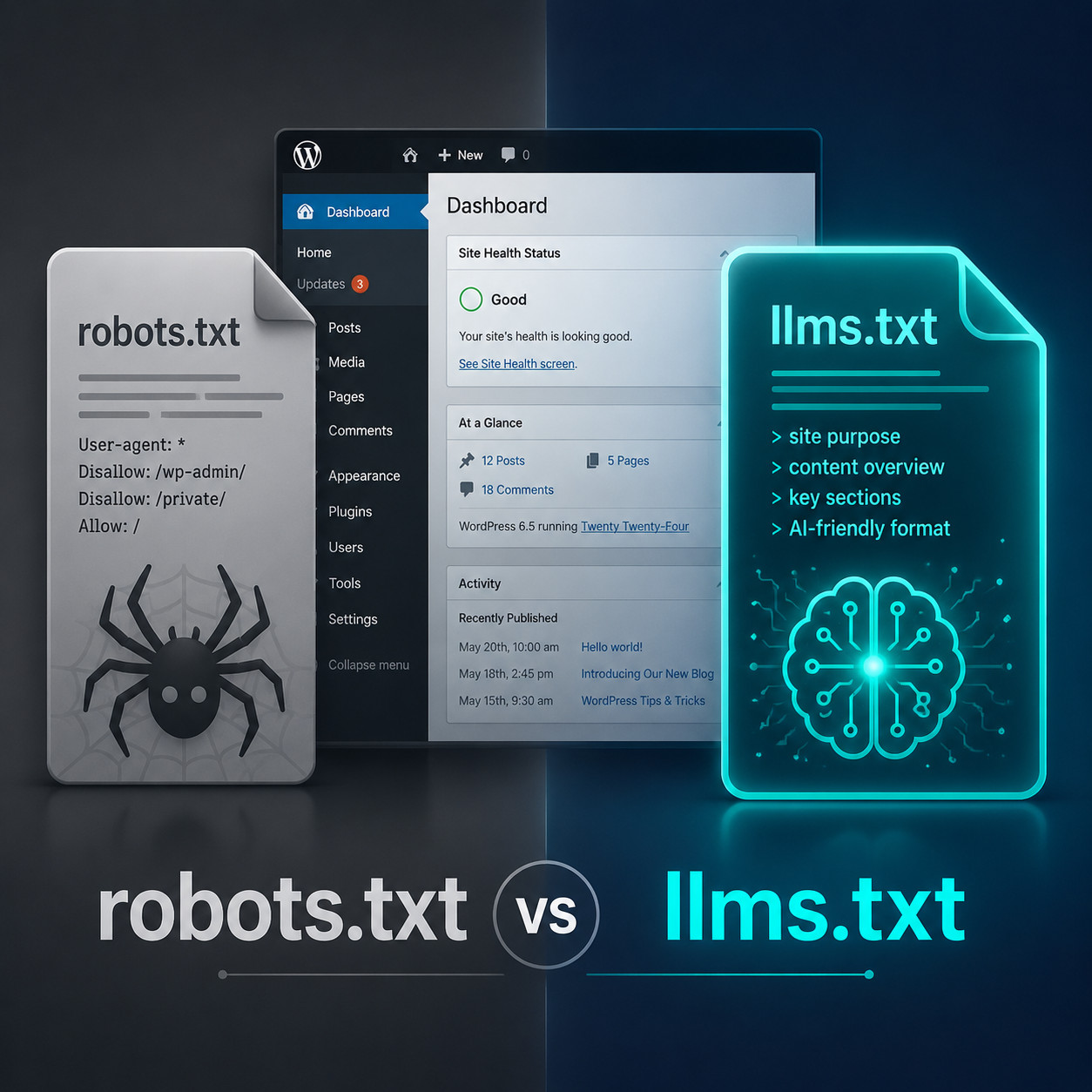 () conceptual illustration showing a split-screen comparison: on the left side, a traditional robots.txt file icon in muted