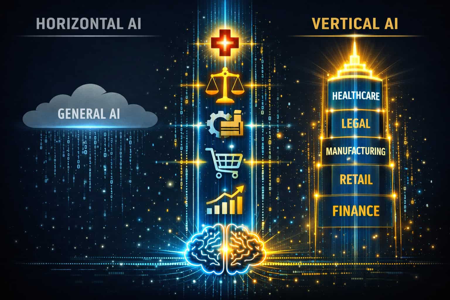 () conceptual illustration showing a vertical column of industry icons—hospital cross, legal scales, factory gear, retail