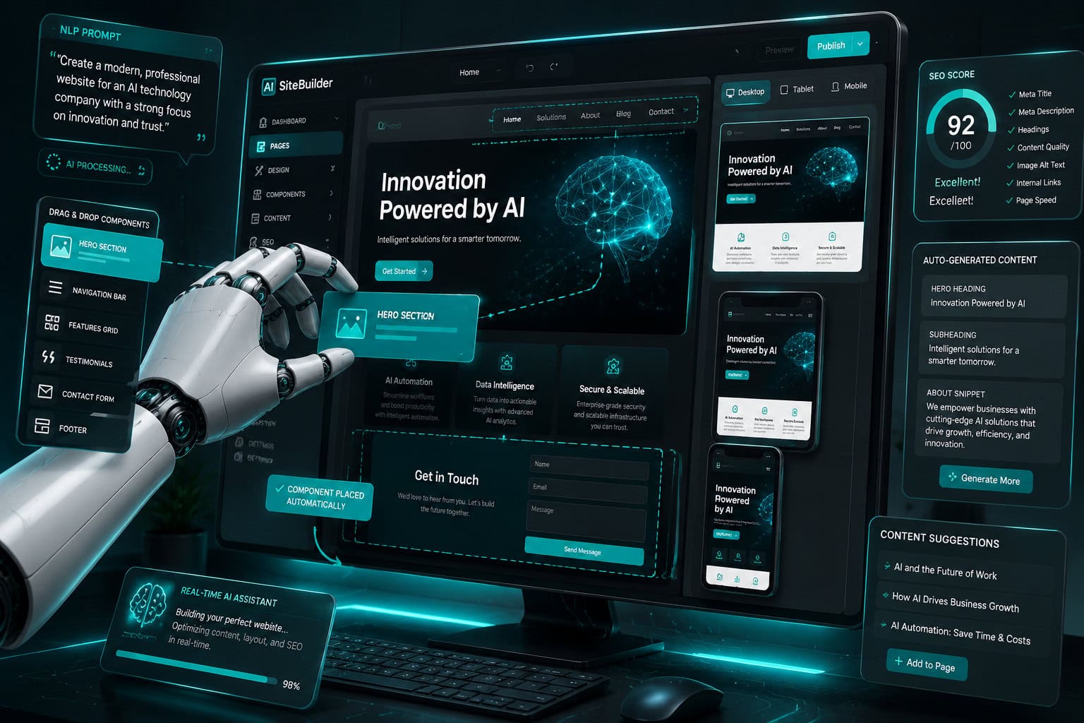 () conceptual illustration showing an AI robot hand interacting with a drag-and-drop website editor interface on a large