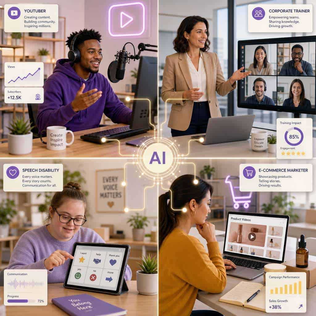 () conceptual illustration showing diverse content creators benefiting from AI voice cloning: a YouTuber with headphones at