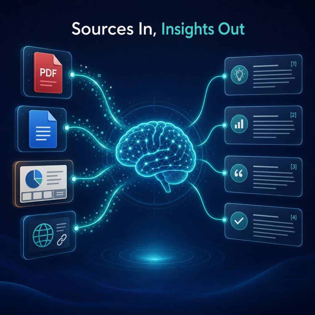 () conceptual illustration showing how Notebook LM processes documents: a central glowing brain icon surrounded by floating
