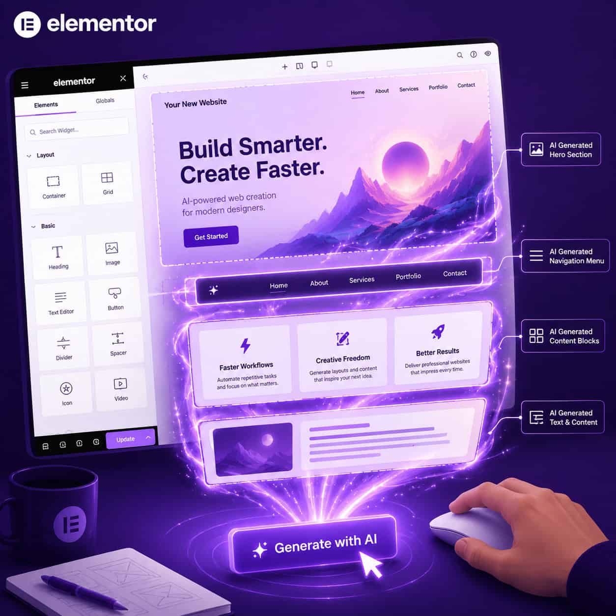 () conceptual illustration showing the Elementor AI 'Generate with AI' button being clicked on a stylized WordPress editor