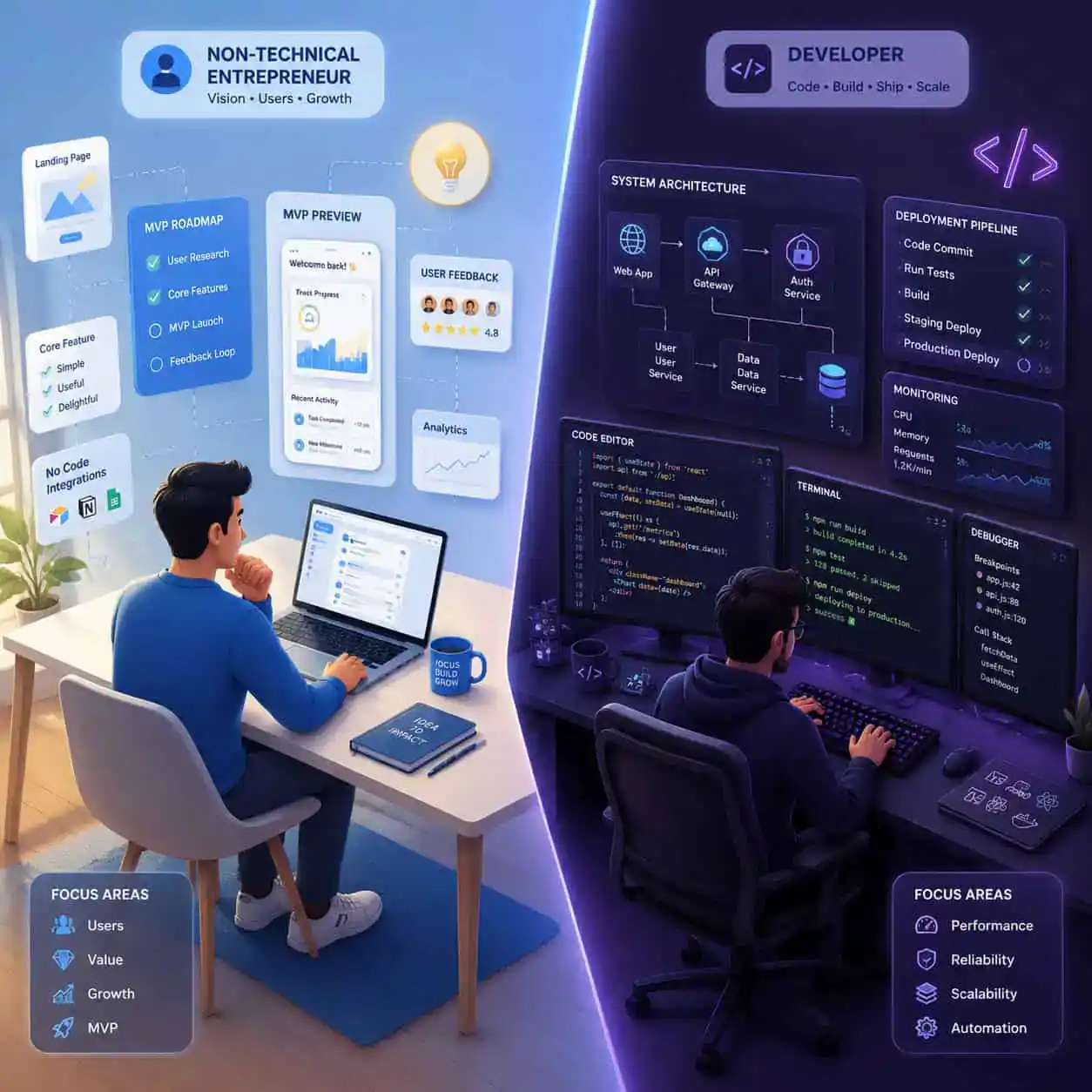 () conceptual illustration showing two distinct user personas. On the left, a non-technical entrepreneur sitting at a clean