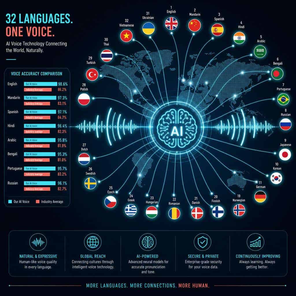 () conceptual infographic-style illustration showing a world map with glowing connection lines between 32 language nodes