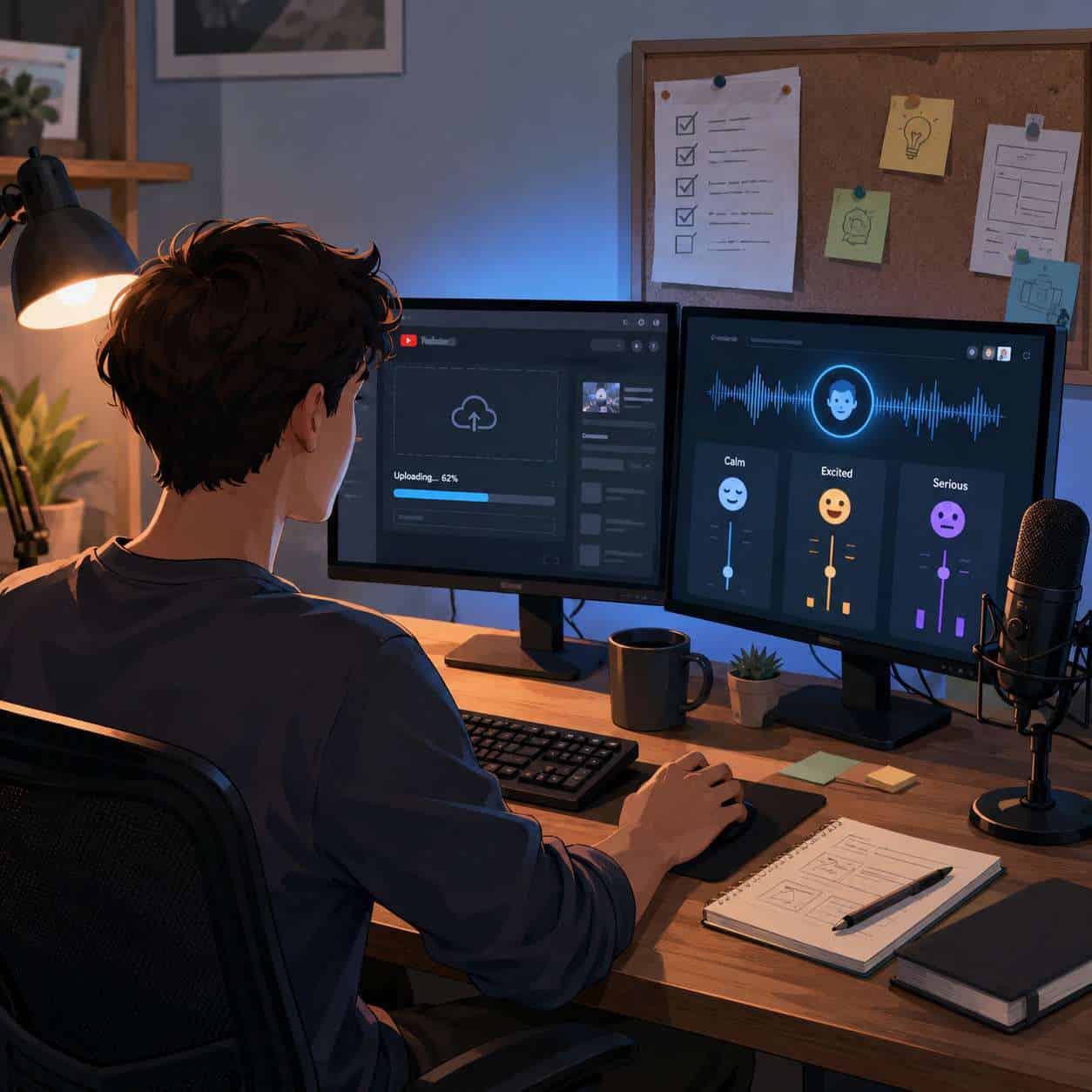 () conceptual photo-illustration of a content creator at a modern desk with dual monitors, one showing a YouTube upload