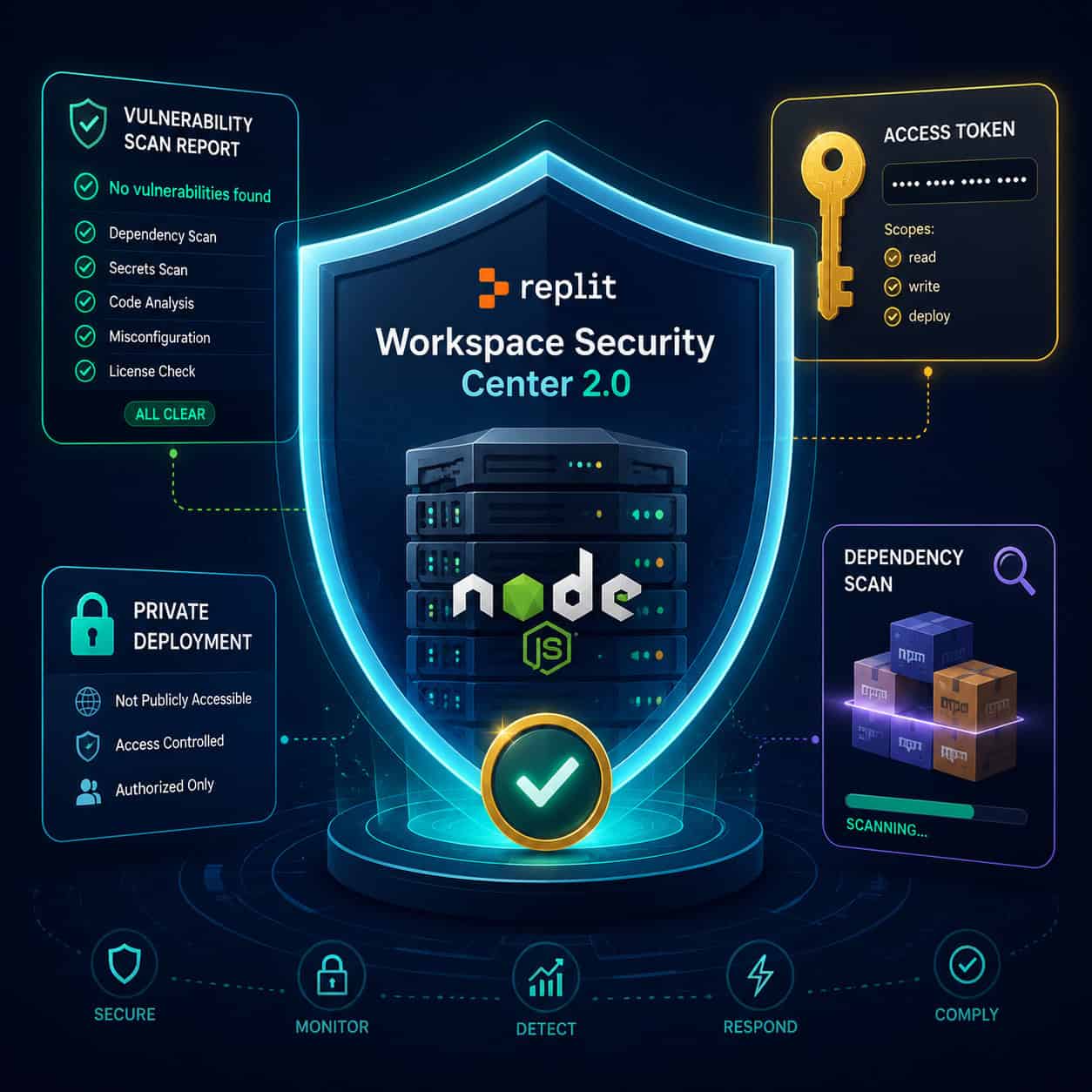 () conceptual security and deployment illustration showing a Node.js application inside a protective shield representing