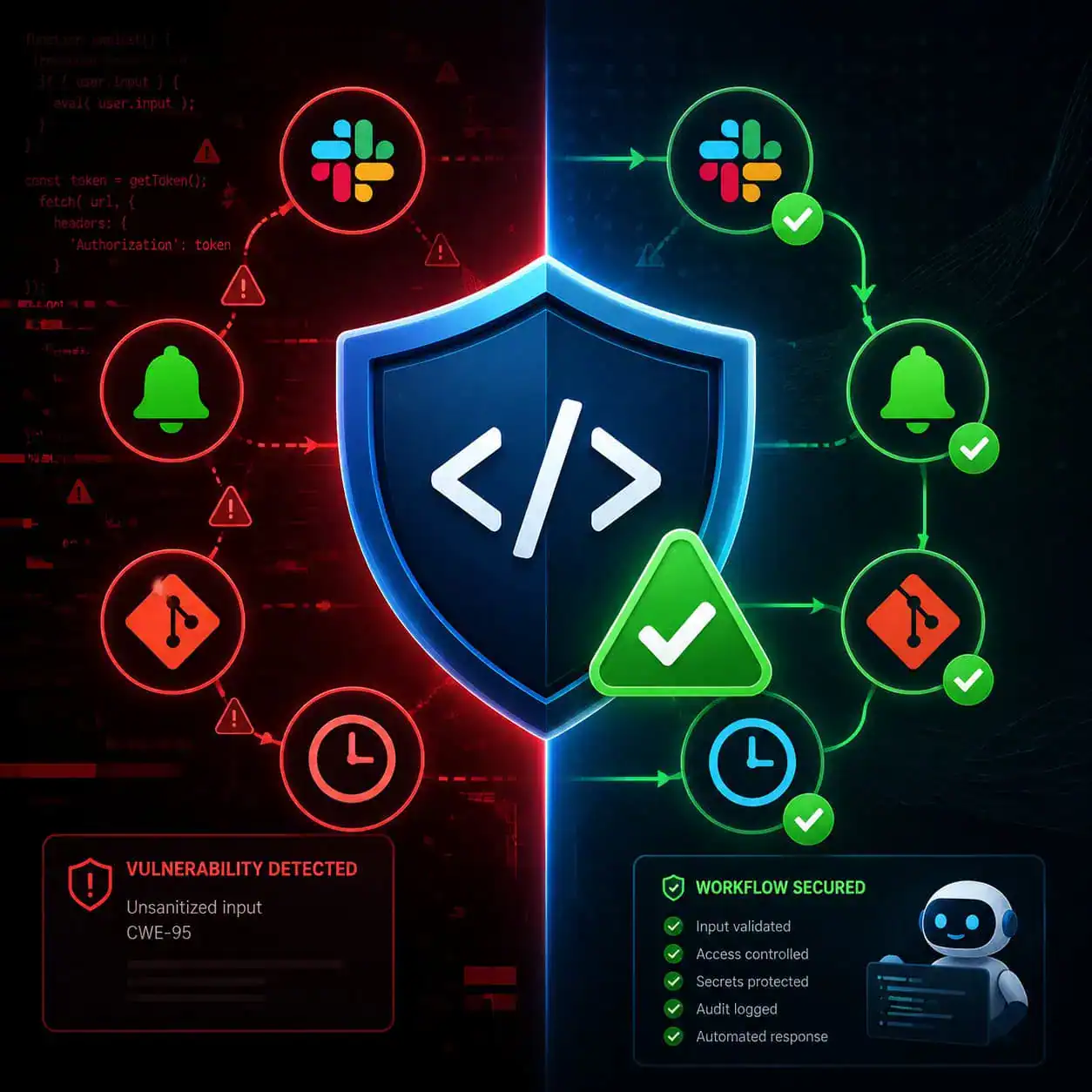 () conceptual security illustration for AI coding agents. Shows a shield icon in center with code brackets inside,