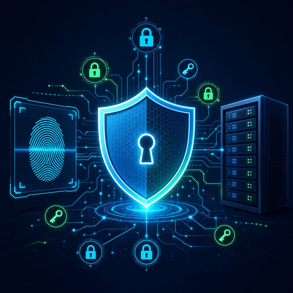 () conceptual security illustration showing a glowing shield icon at center surrounded by floating lock symbols and