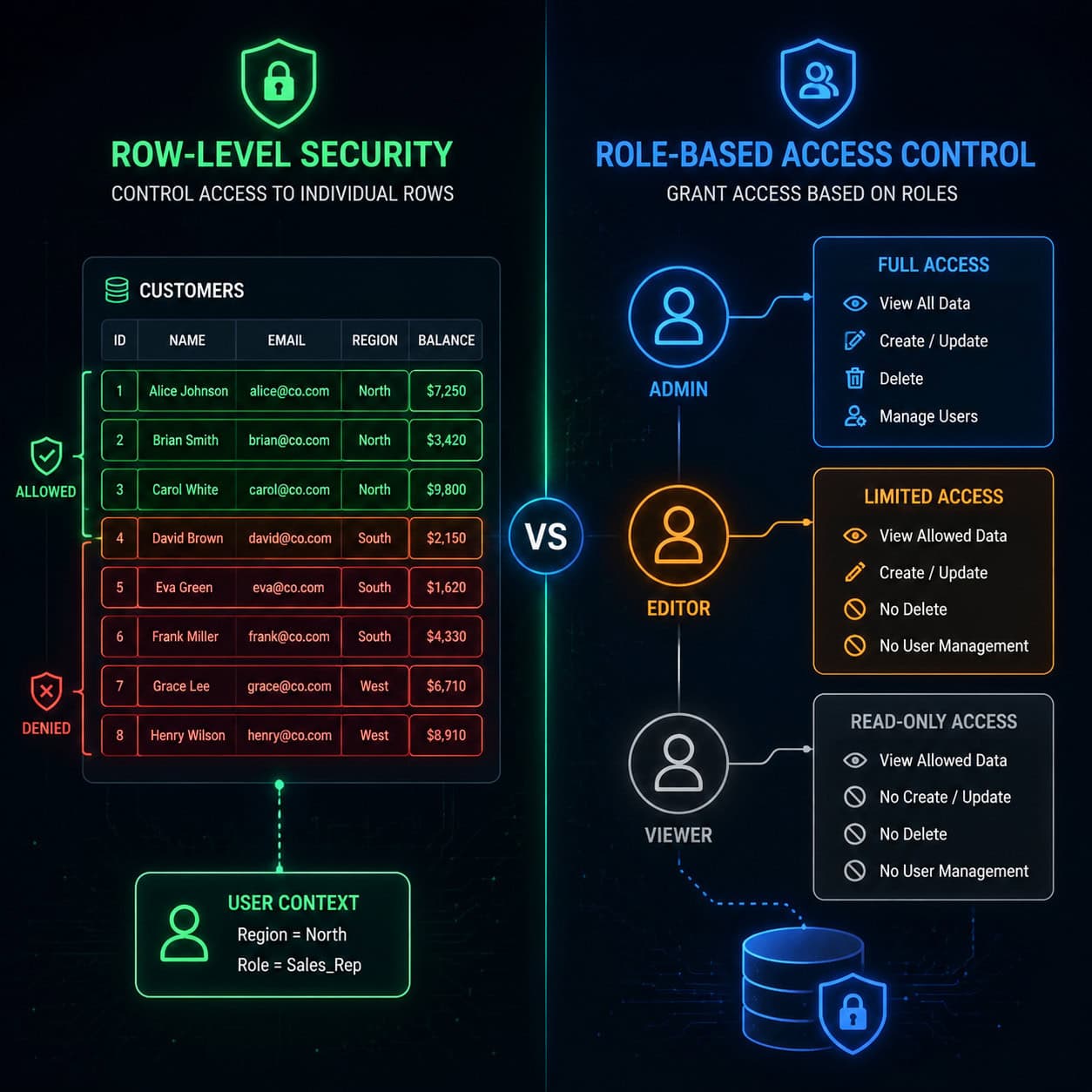 () conceptual security illustration showing a split-screen comparison: left side displays row-level security with database