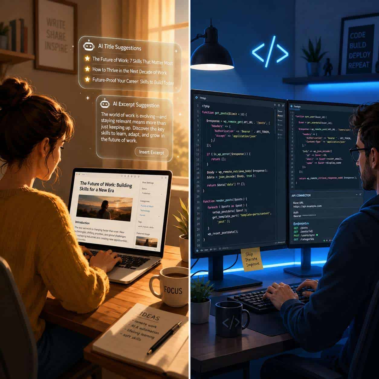 () conceptual split-screen comparison image. Left side shows a blogger writing at a laptop with floating AI suggestion
