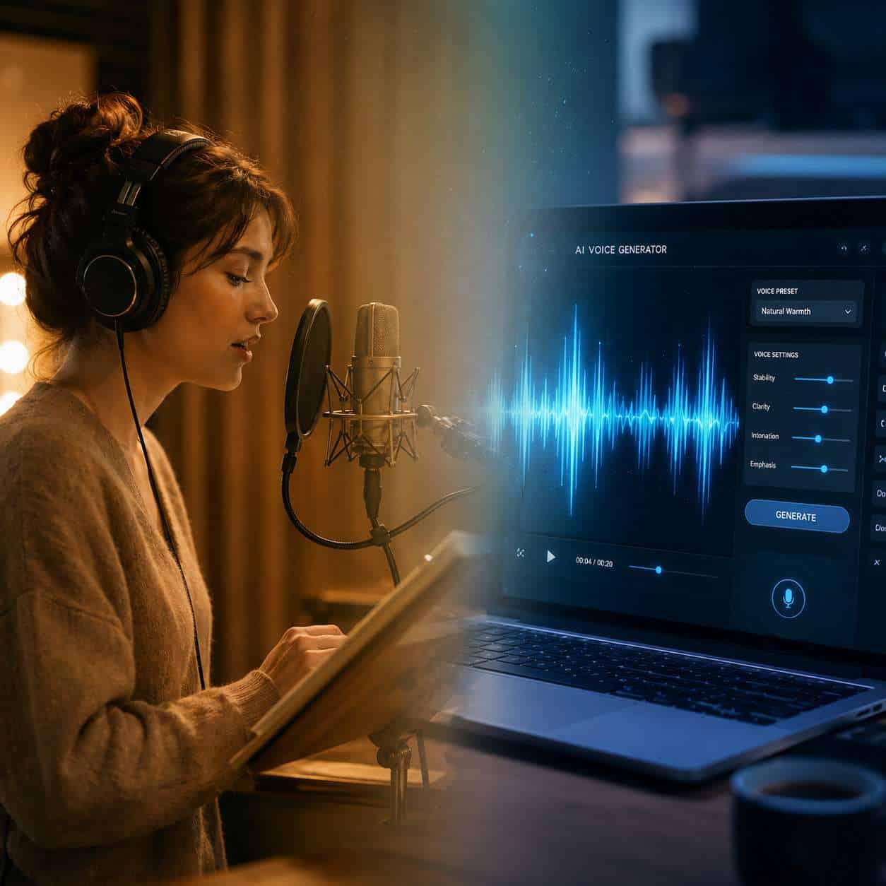 () conceptual split-screen illustration showing on the left a professional voice actor speaking into a studio microphone