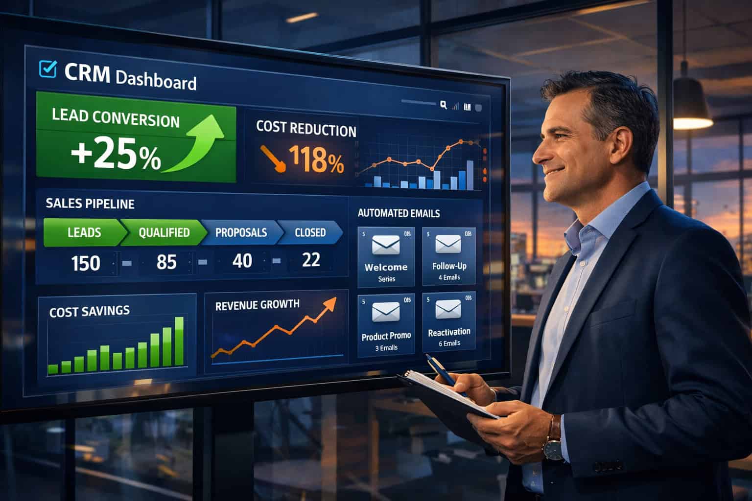 () data visualization concept: a dynamic dashboard on a large monitor showing real-time CRM metrics — lead conversion rates