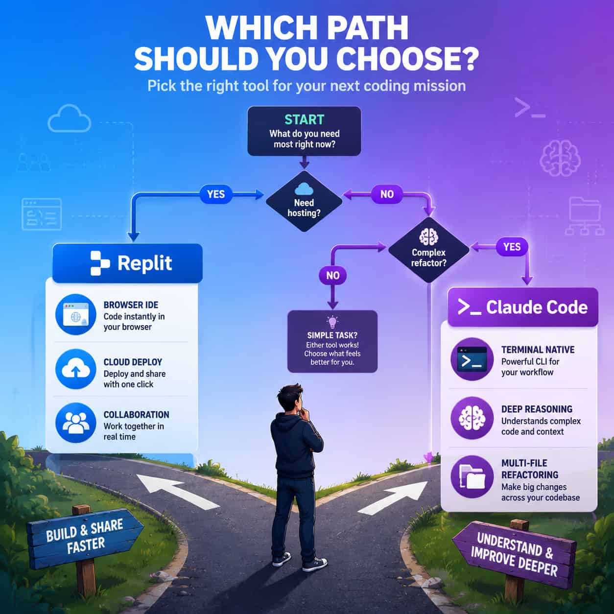 () decision flowchart infographic illustration showing a developer standing at a crossroads. Left path is labeled 'Replit'