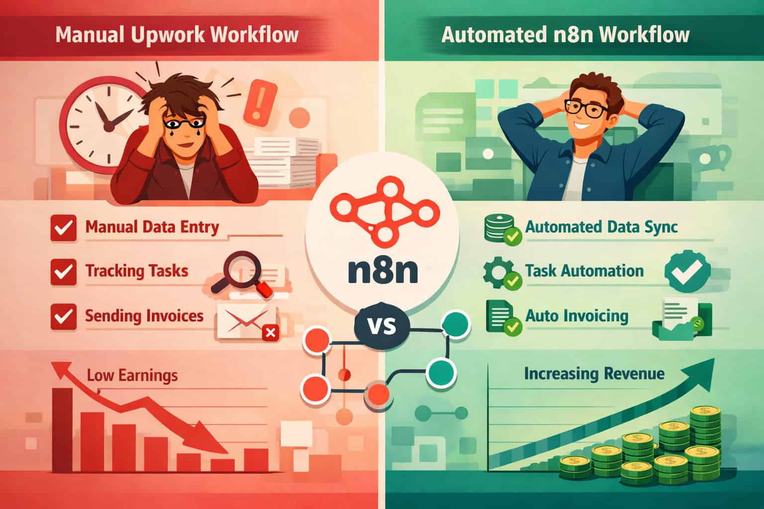 () depicting a clean dashboard-style infographic comparing manual Upwork workflow vs automated n8n workflow side by side.