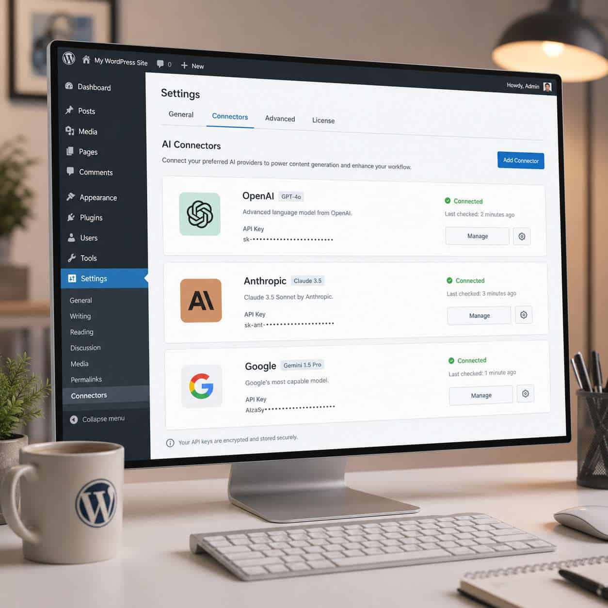 () detailed illustration of a WordPress admin dashboard screen showing the Settings Connectors panel with three API provider