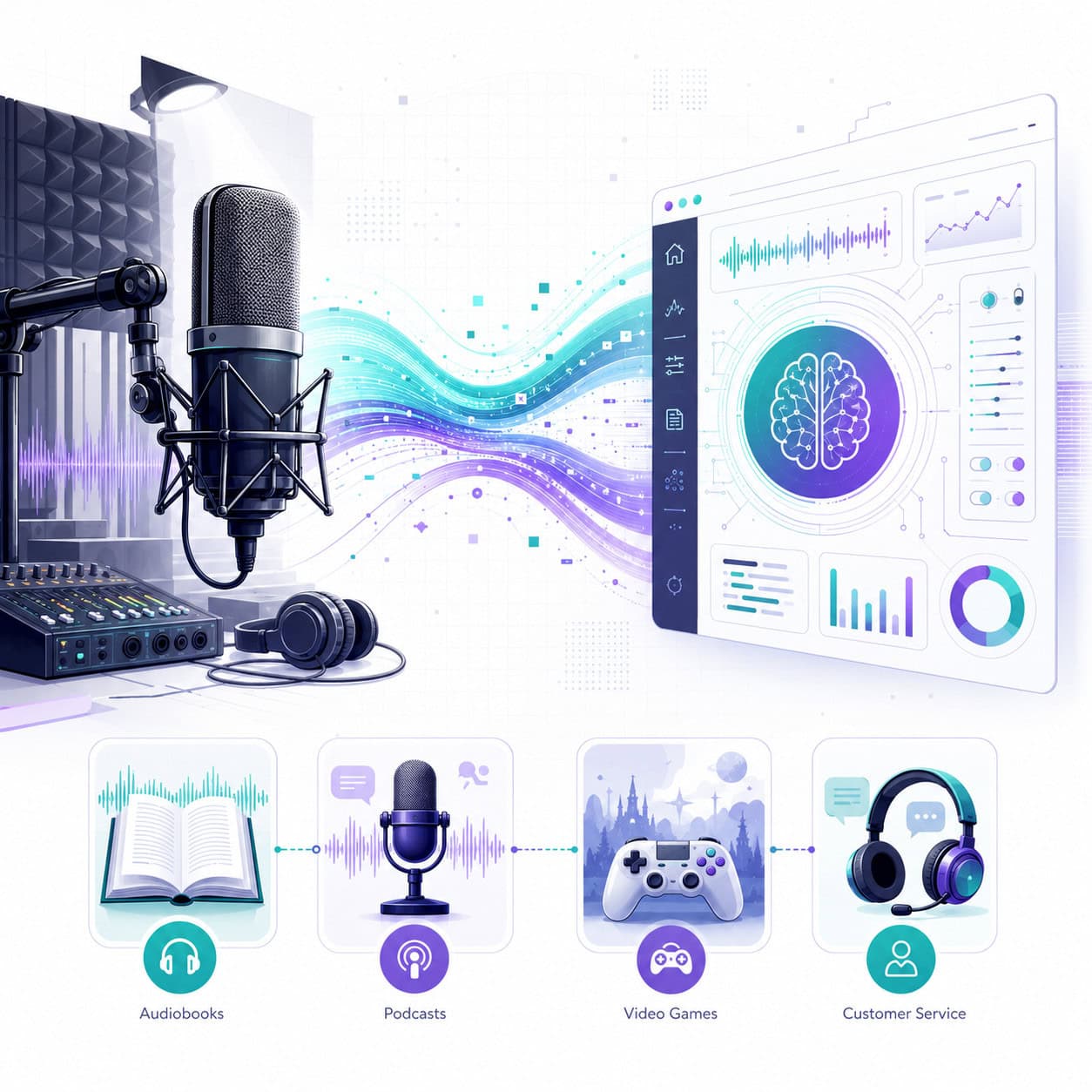 () detailed infographic-style illustration showing a comparison between a traditional recording studio microphone on the