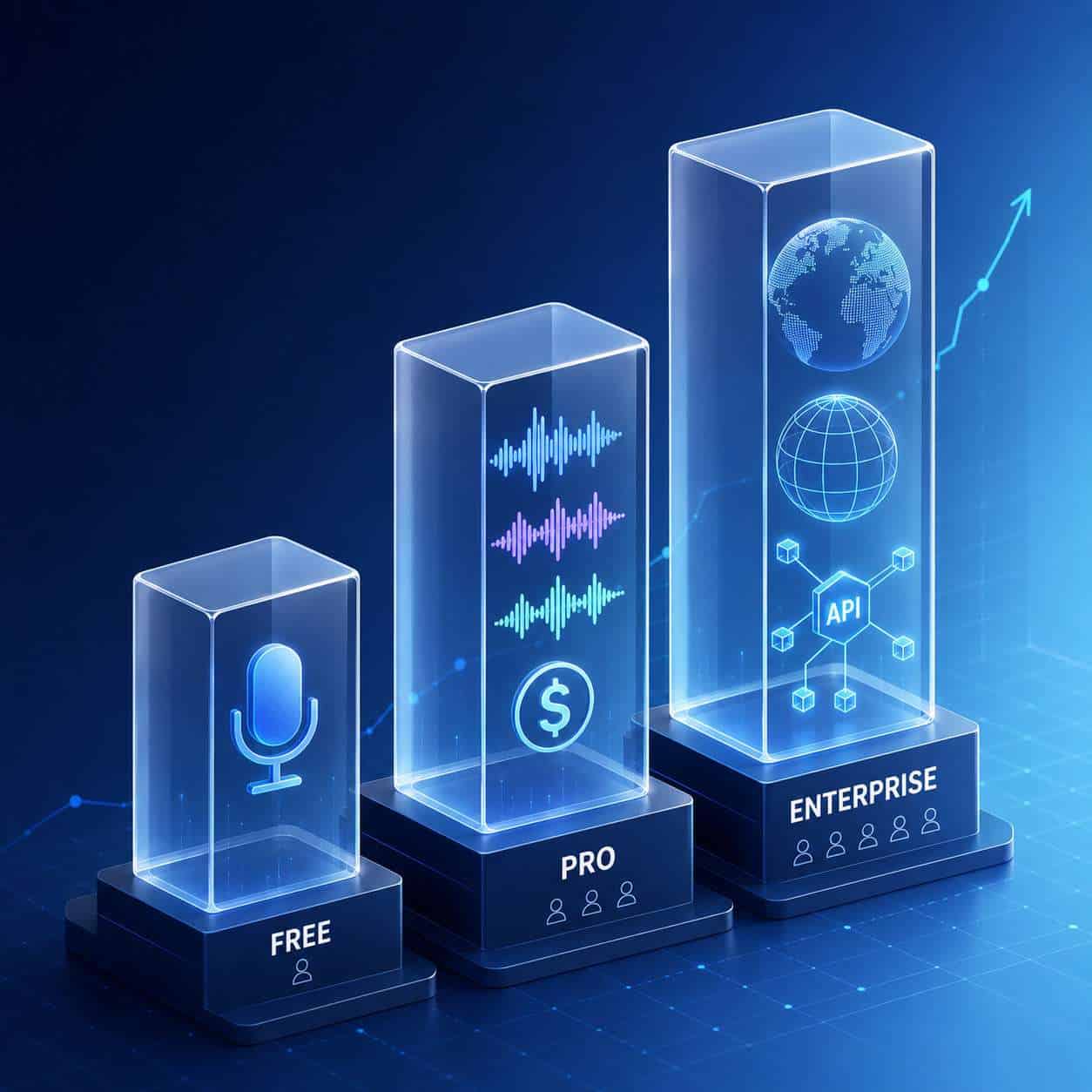 () detailed infographic-style illustration showing a pricing tier comparison visualization with three ascending translucent