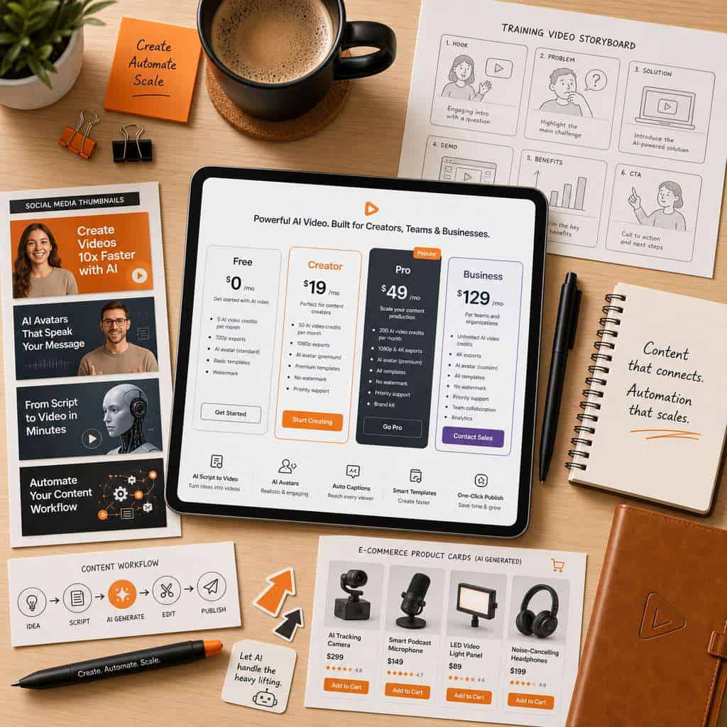 High-quality digital marketing tools displayed on a tablet with pricing plans and content creation o.
