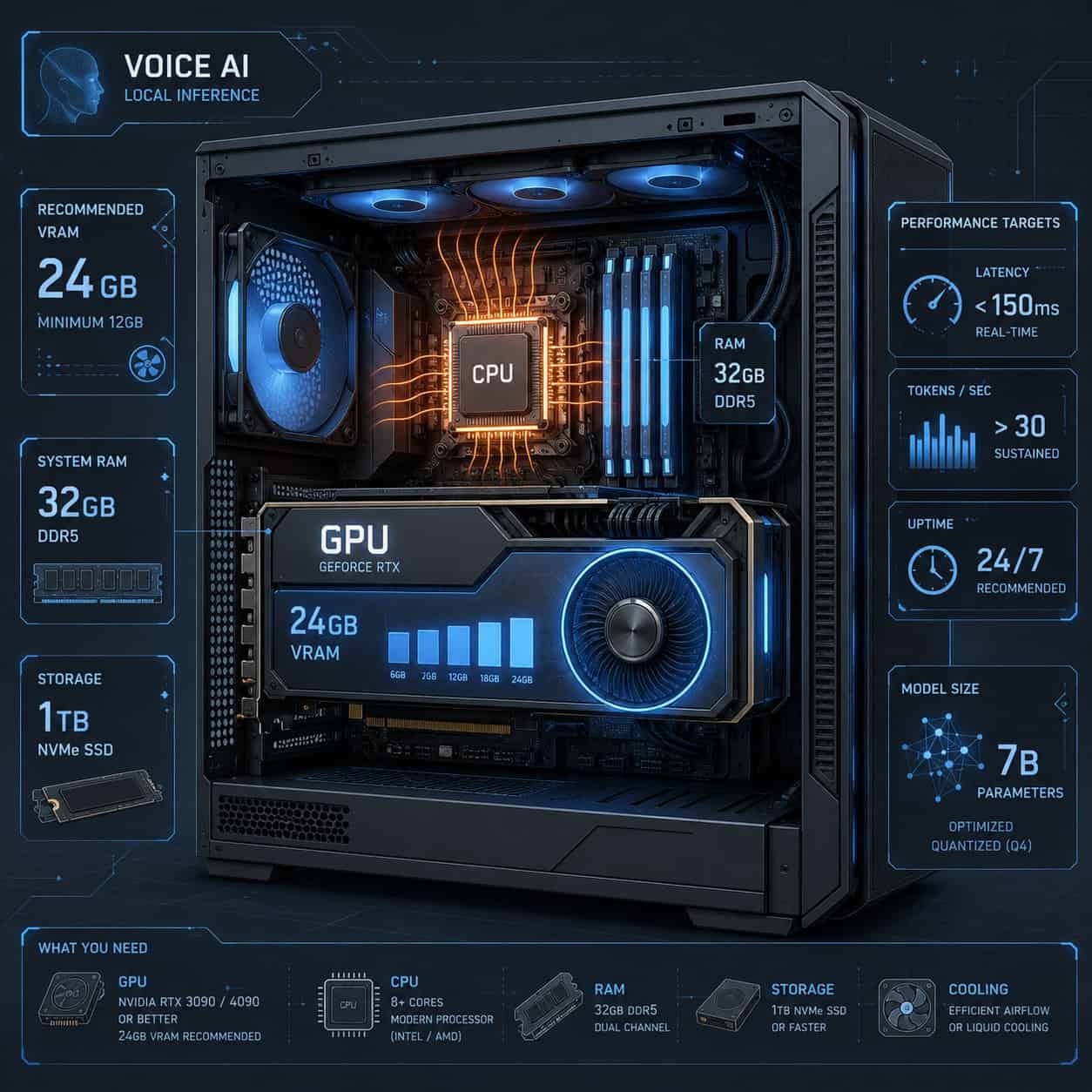 () detailed visualization of computer hardware requirements for running voice AI locally: a desktop PC cross-section showing