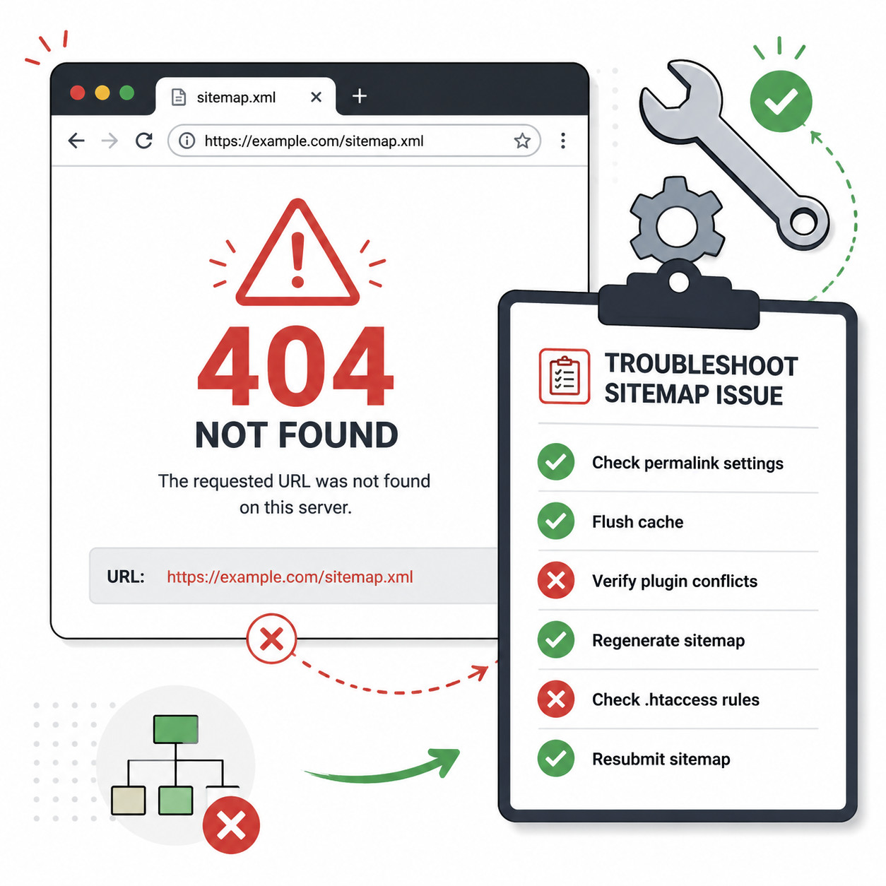 () diagnostic troubleshooting visual showing a browser window with a 404 error page for a sitemap URL, alongside a checklist