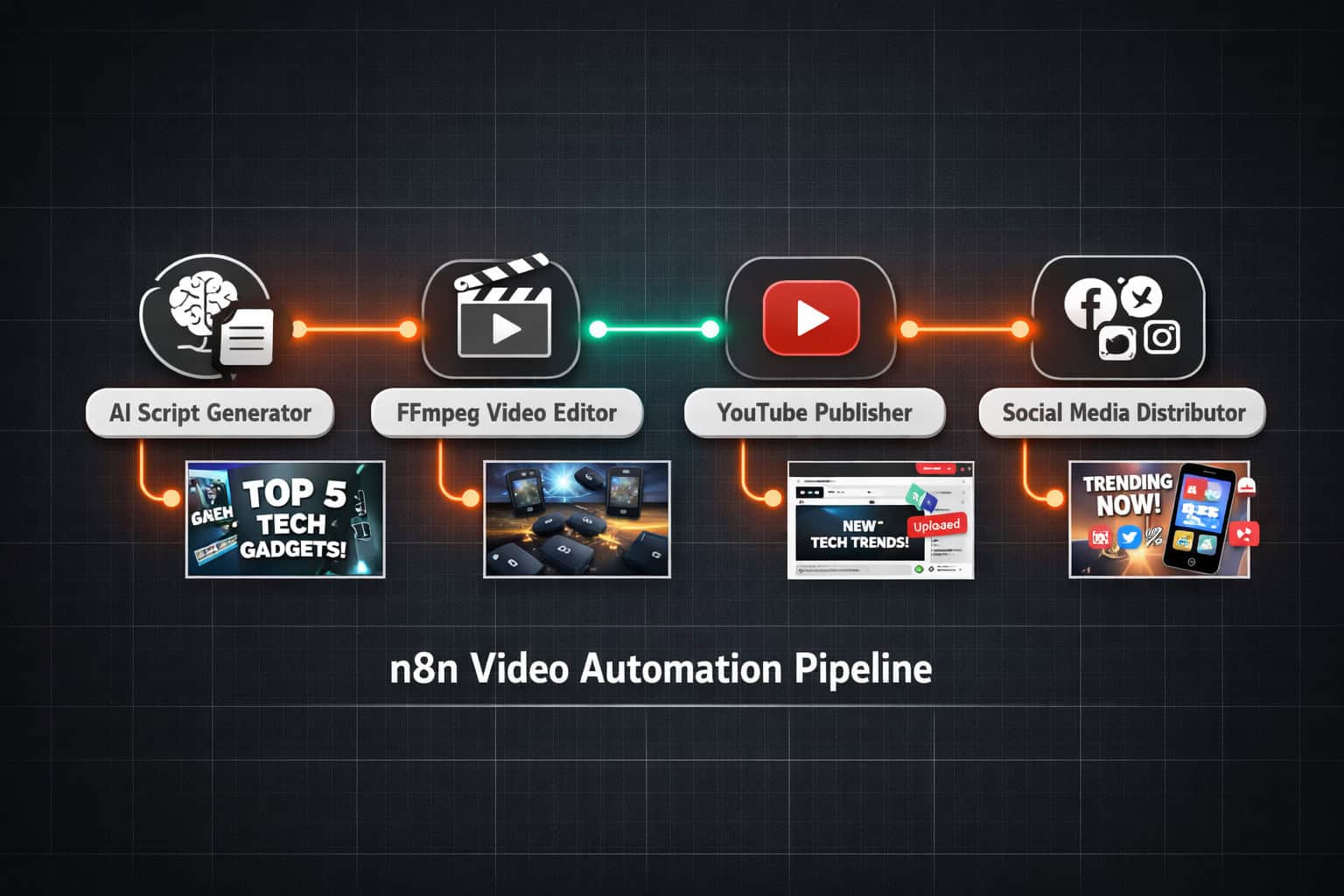 () diagram-style illustration showing an n8n workflow canvas with connected nodes labeled: AI Script Generator, FFmpeg Video