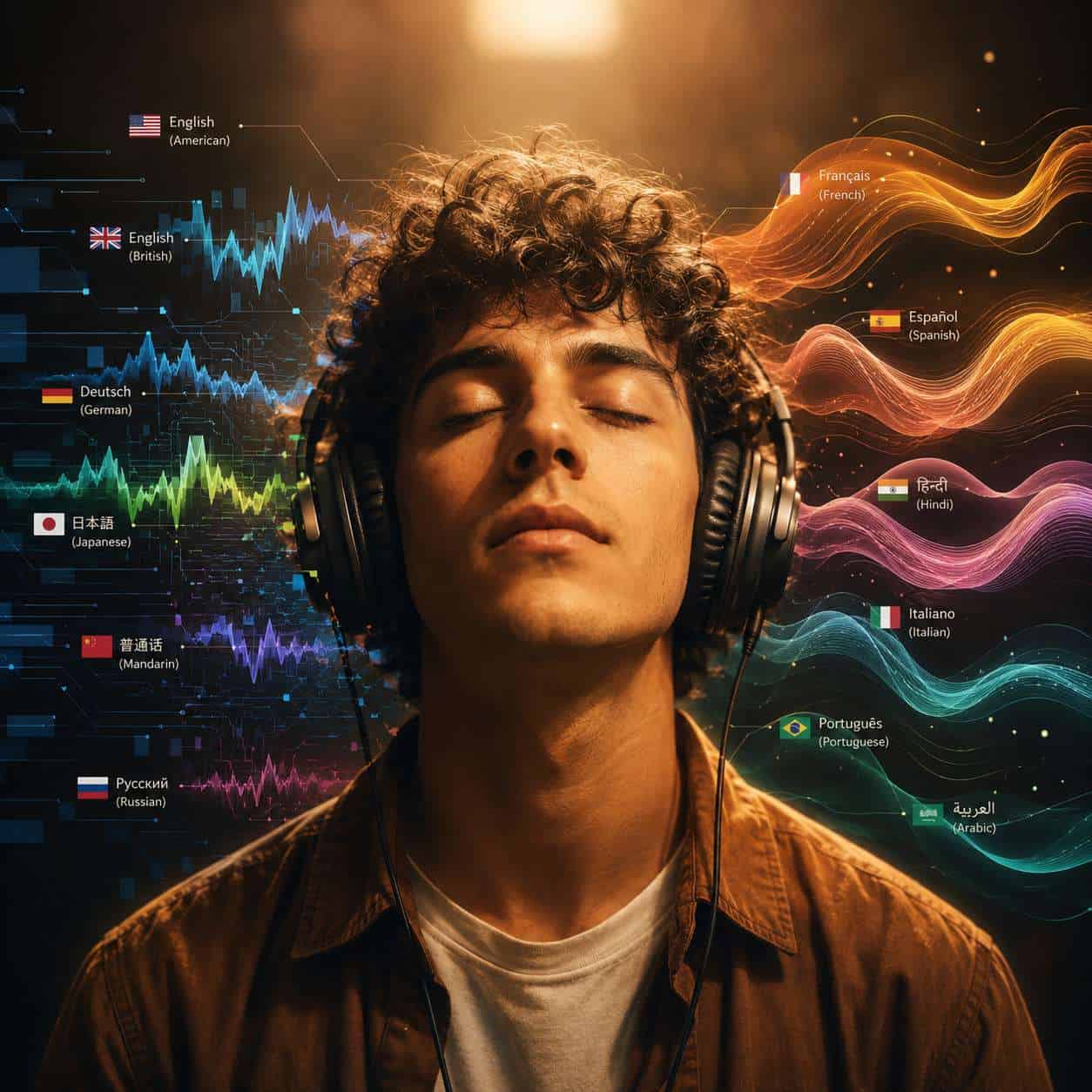 () dramatic close-up editorial photograph of a person wearing headphones with eyes closed, listening intently. Around their