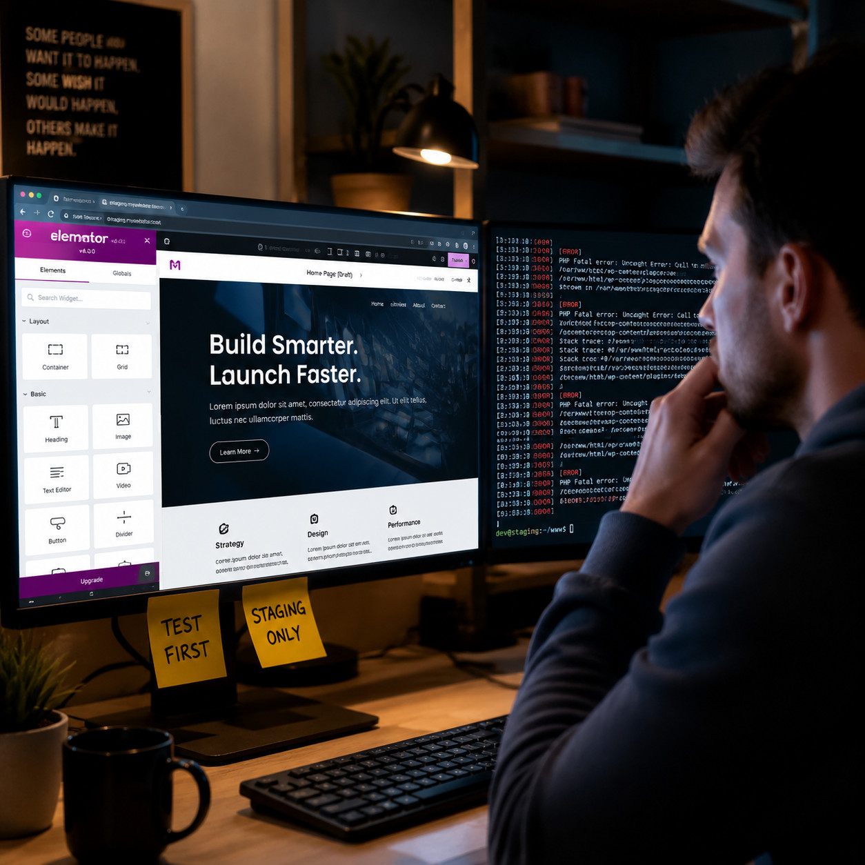 () dramatic photo-realistic scene of a web developer at a dual-monitor setup, one screen showing a WordPress staging site
