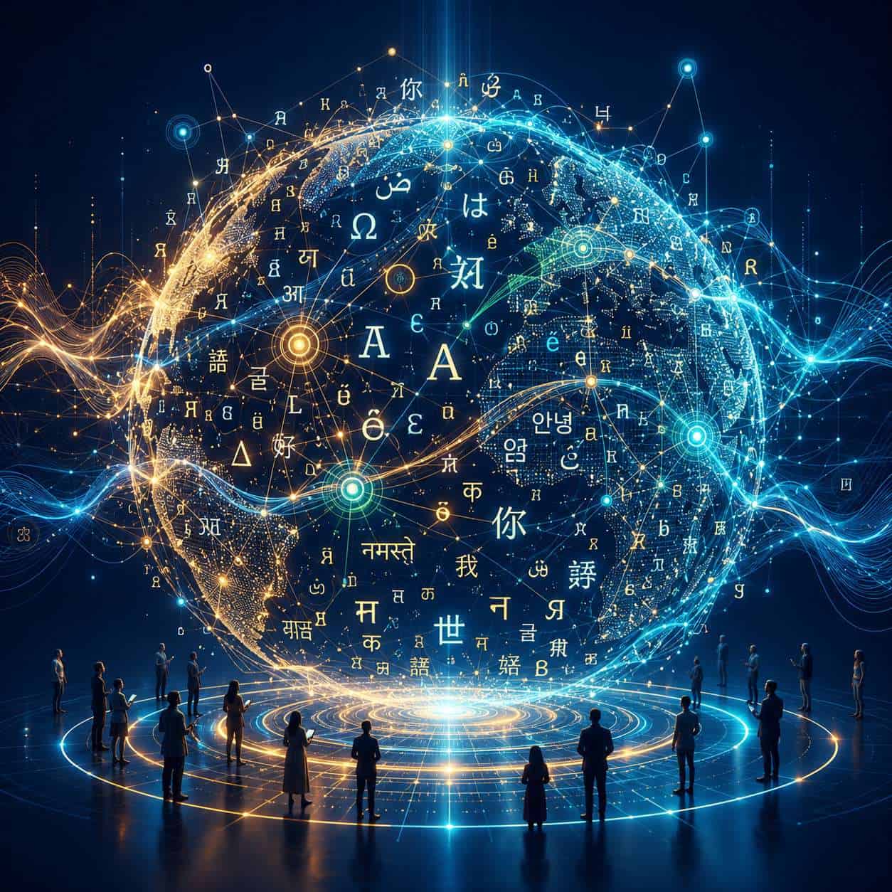() dramatic visualization of a globe made of interconnected sound waves and language script characters from multiple writing