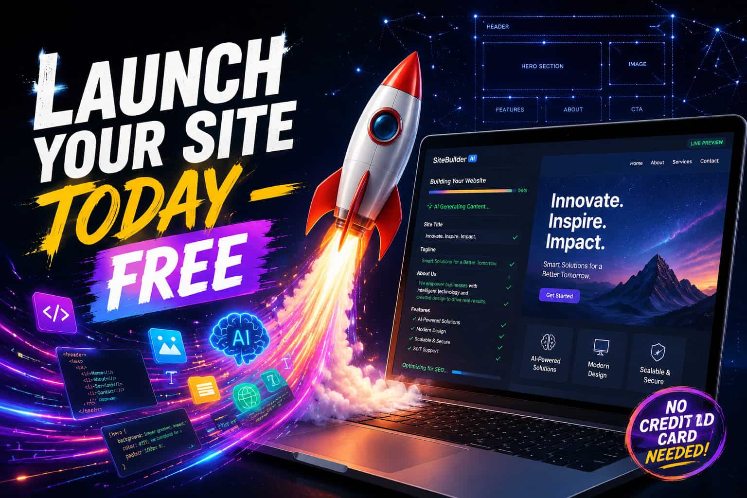 () dynamic illustration of a rocket launching from a laptop keyboard, trailing a colorful data stream of website icons, code