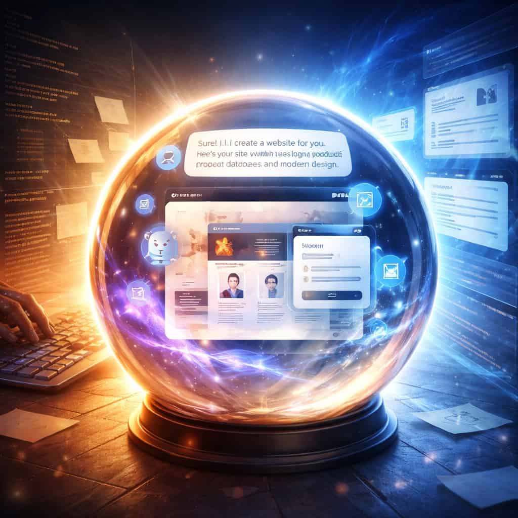 () editorial concept image showing a crystal ball or forward-looking lens revealing AI-powered web creation tools of the