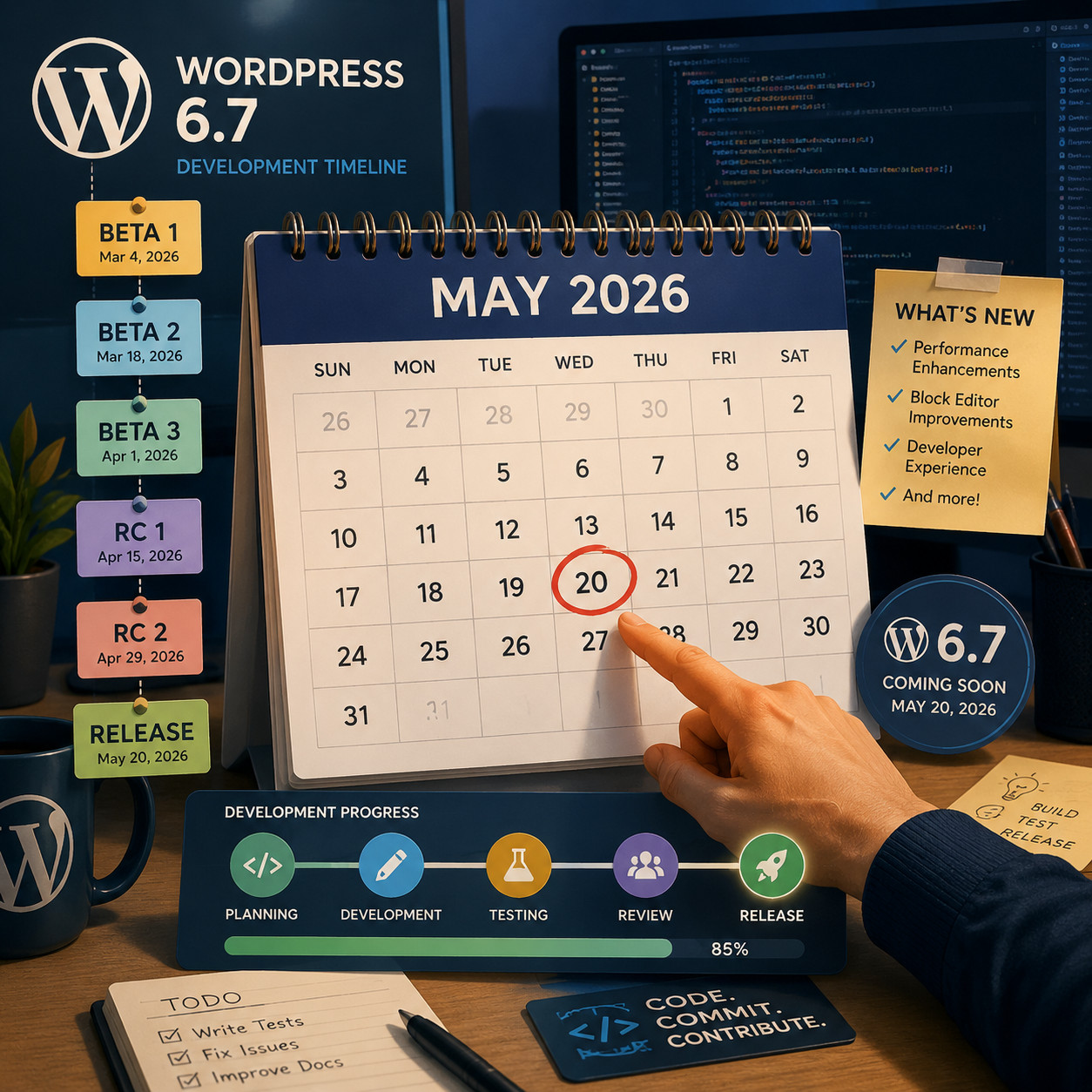 () editorial illustration showing a calendar page for May 2026 with the date May 20 circled in red, surrounded by WordPress