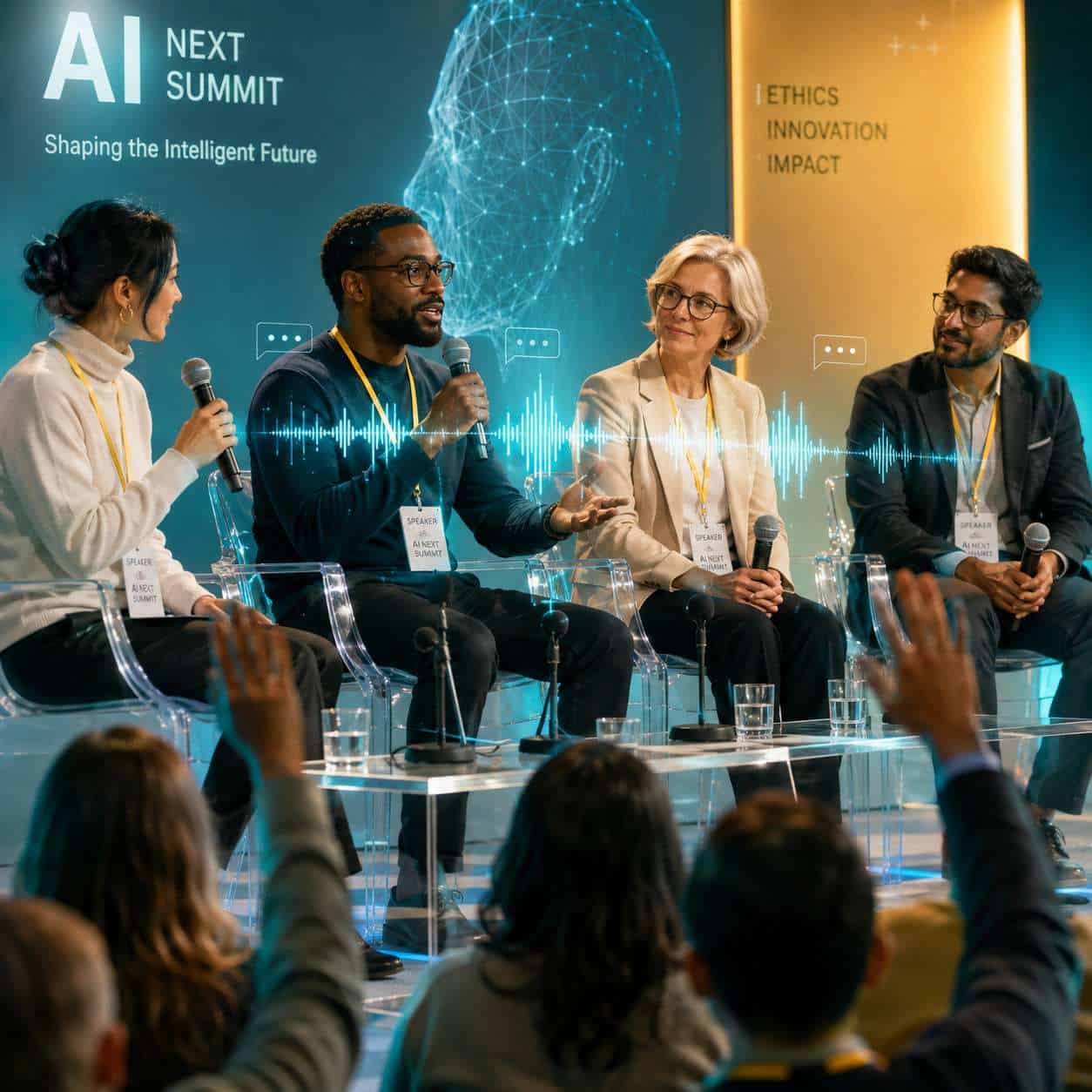 () editorial illustration showing a close-up of a diverse panel of tech speakers seated on a modern stage with transparent