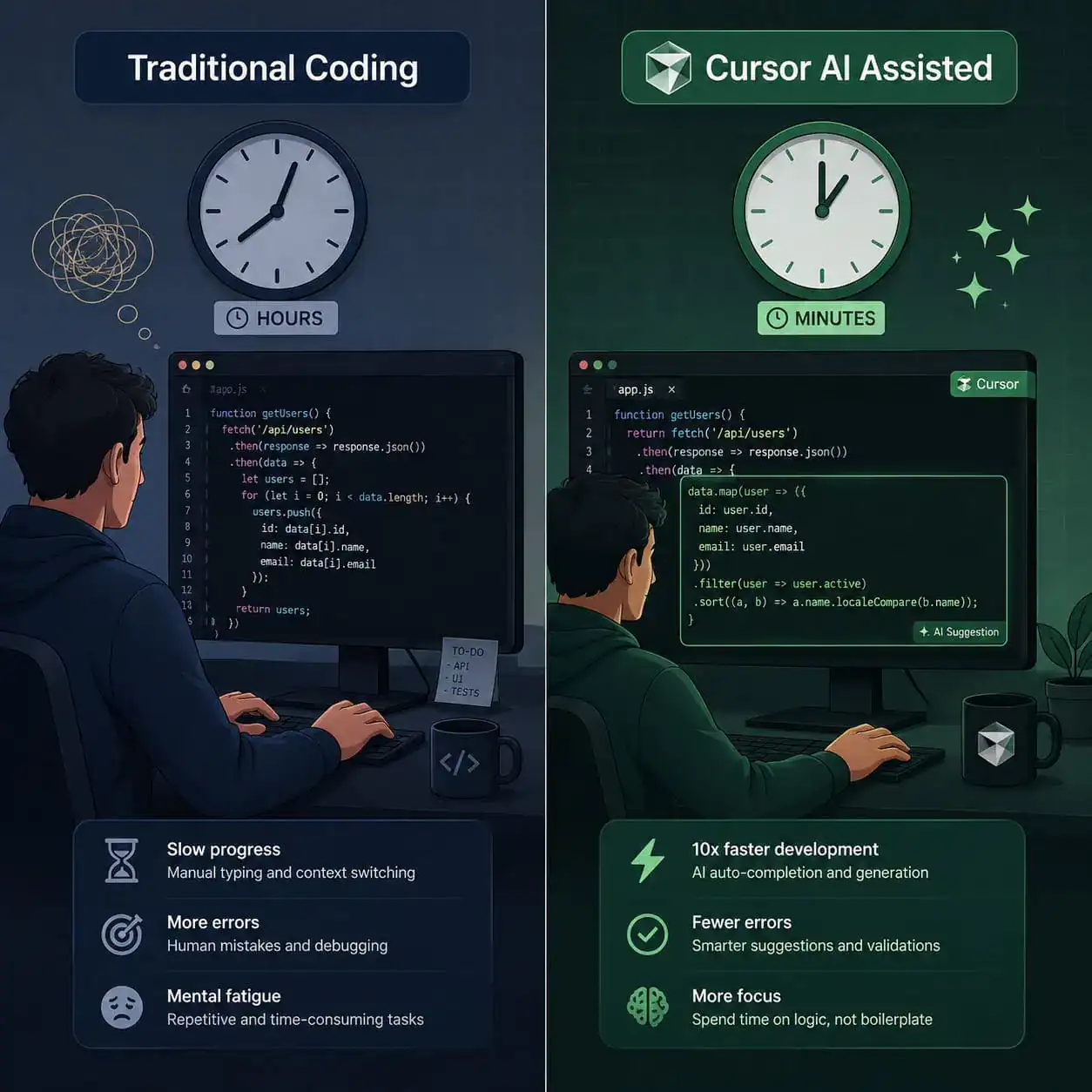 () editorial illustration showing a split-screen comparison: left side depicts a developer manually typing code with a clock