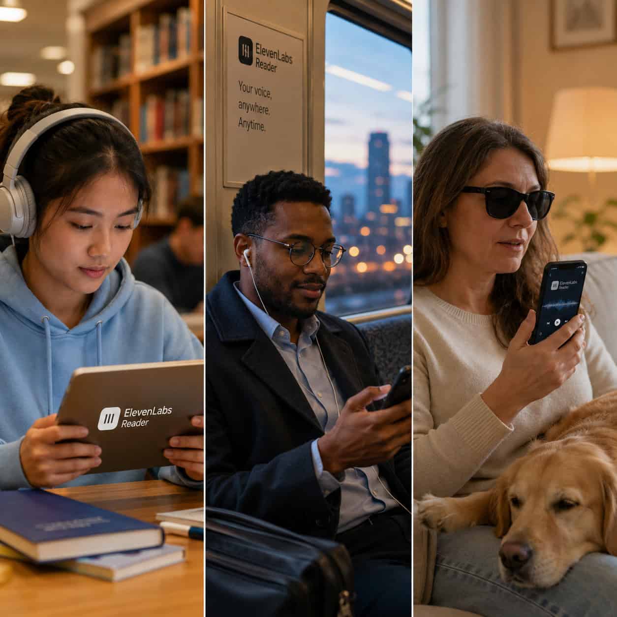 () editorial photograph of a diverse group of three people using ElevenLabs Reader in different settings arranged in a
