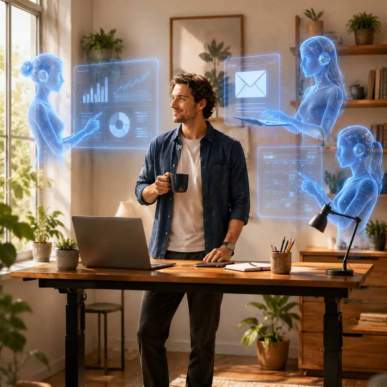 () editorial photograph-style illustration of a solo entrepreneur at a standing desk in a bright modern home office, with
