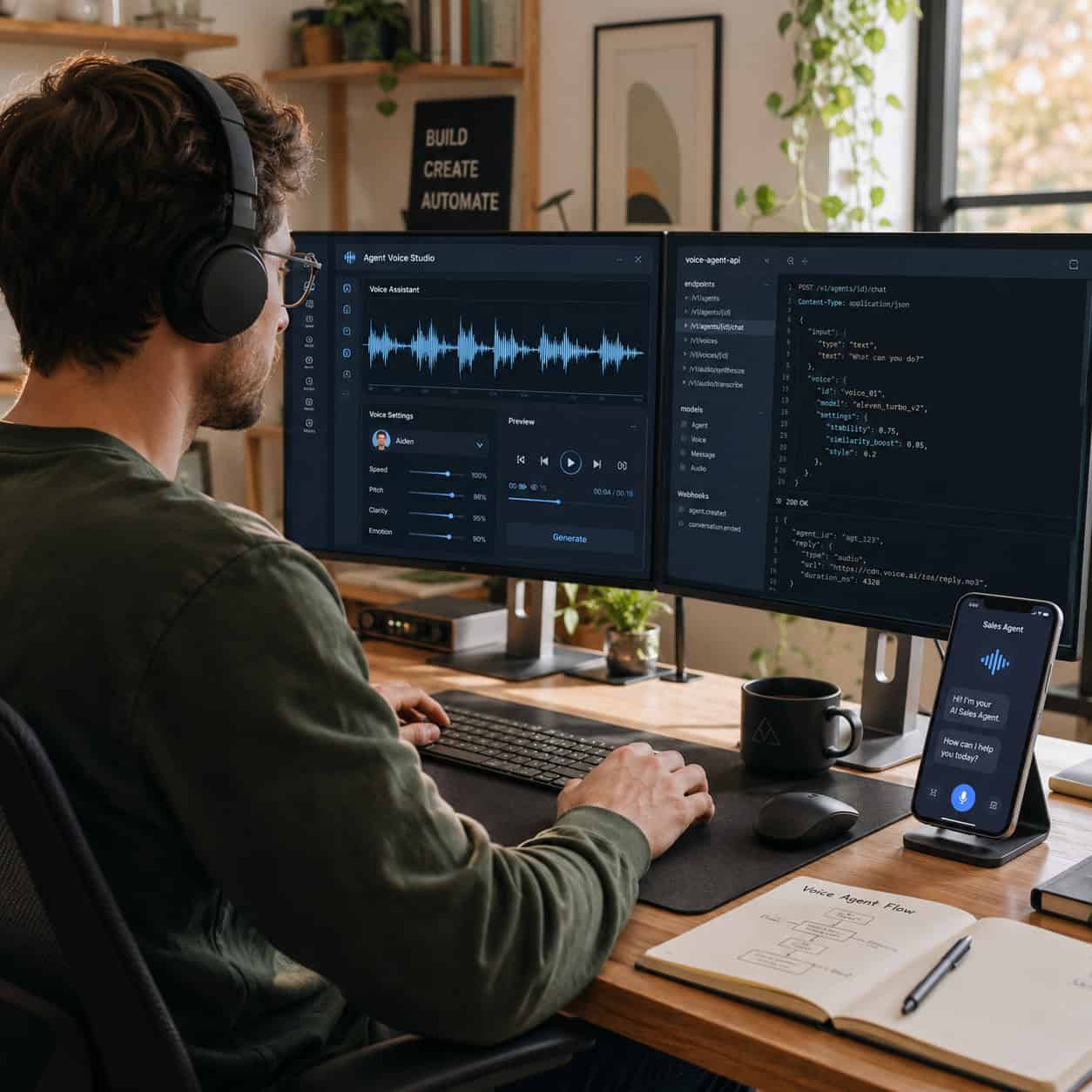 () editorial photograph style image showing a creative professional at a modern desk workstation with dual monitors