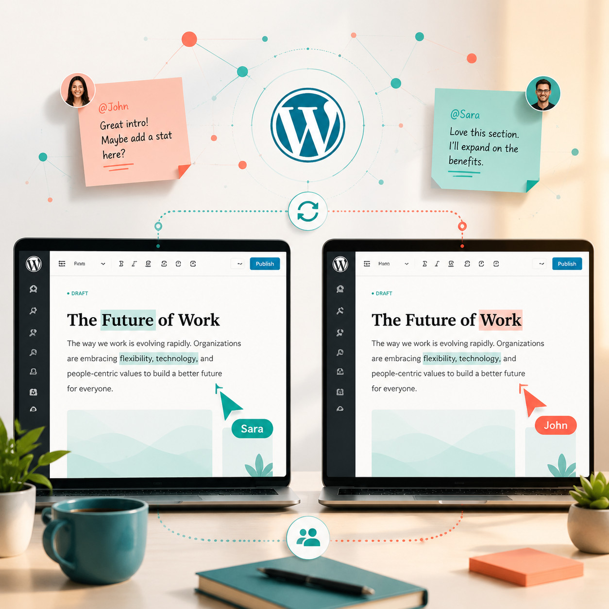 () illustration depicting real-time collaborative editing concept: two laptop screens side by side showing the same
