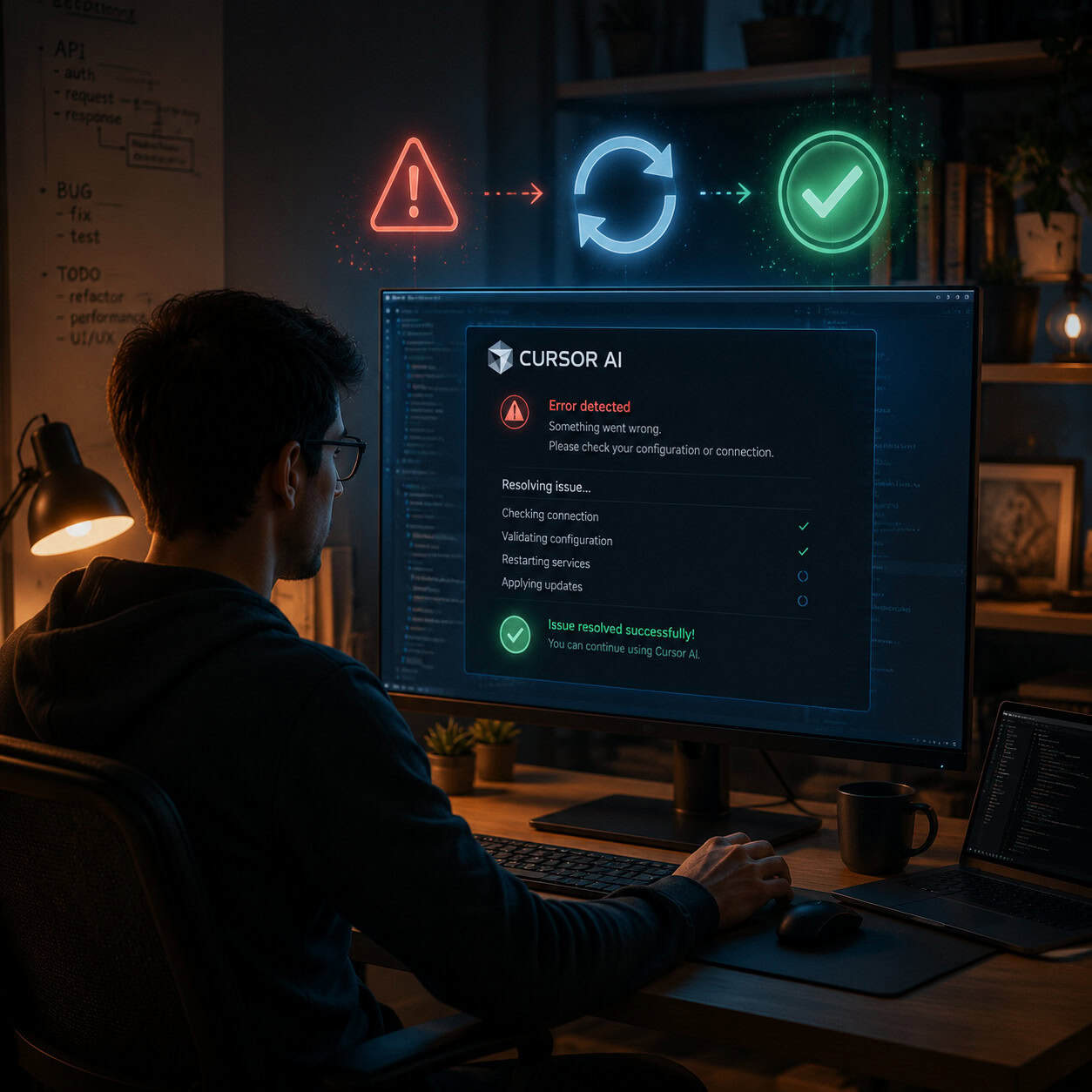 () illustration of a developer at a desk looking at a monitor displaying a Cursor AI error being resolved. Floating around