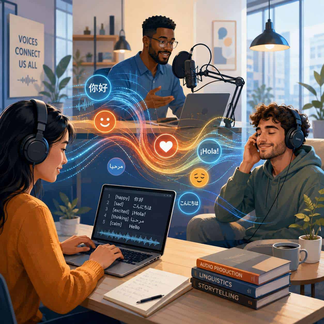 () illustration of a diverse group of three people at separate workstations connected by flowing colorful sound waves in a