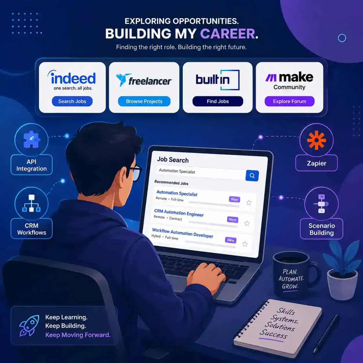 () illustration of a professional person at a laptop browsing job boards including icons for Indeed, Freelancer, Built In,