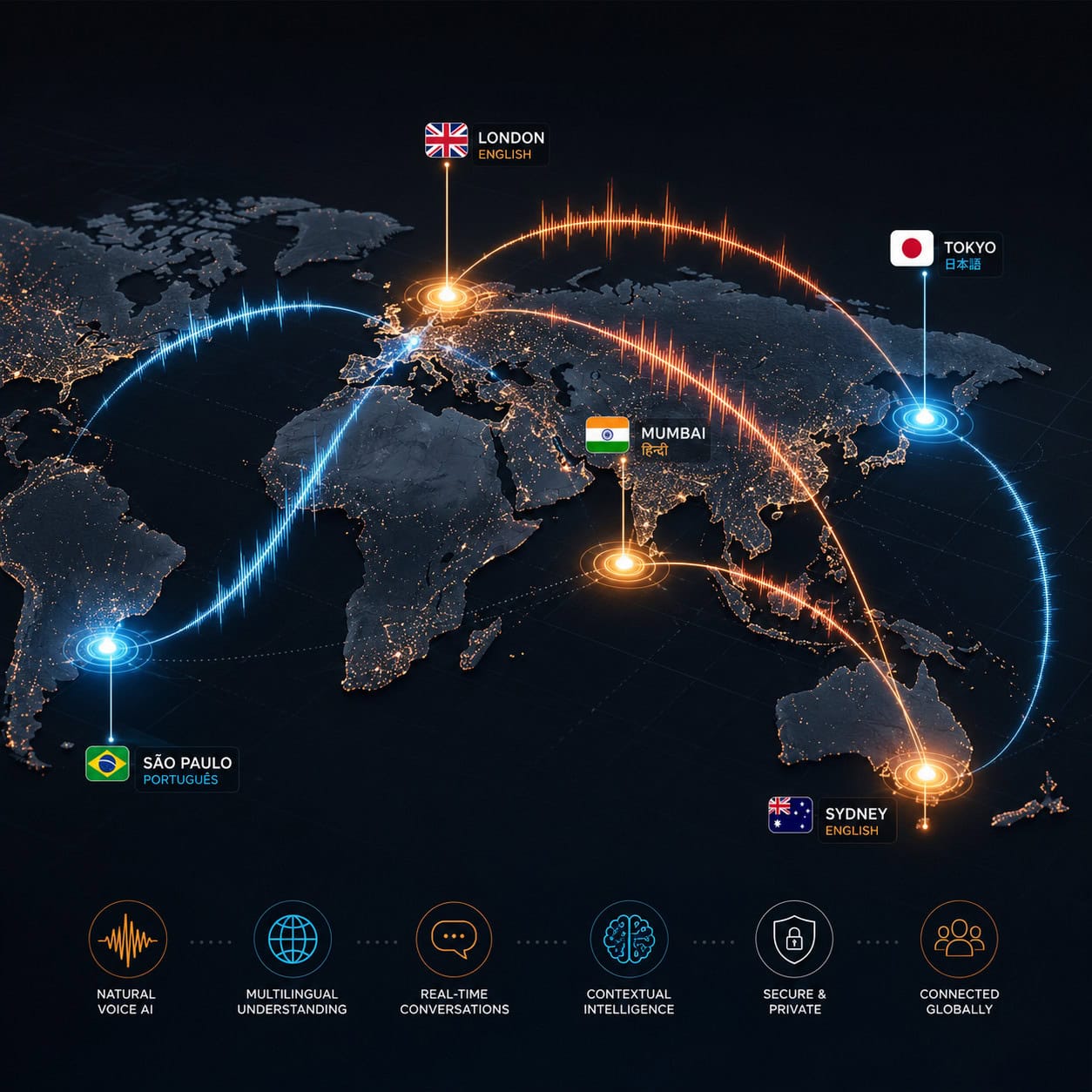 () illustration of a world map with glowing connection nodes in major cities including Tokyo, São Paulo, London, Sydney, and