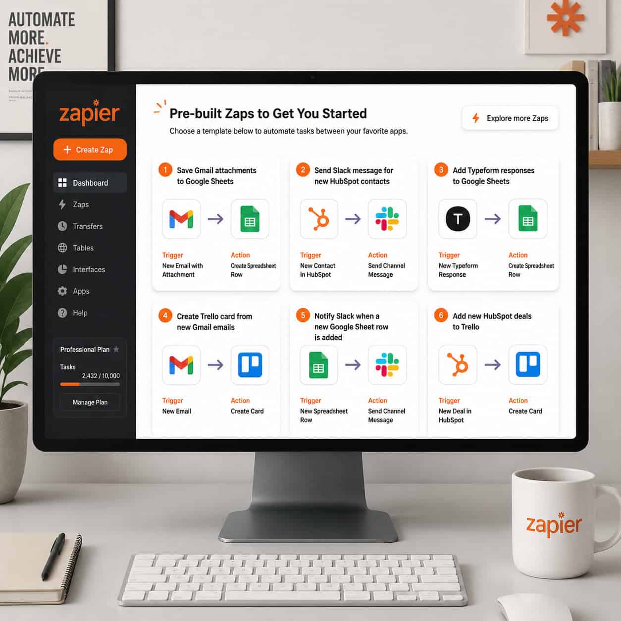 () illustration showing a Zapier workflow dashboard on a modern monitor screen, displaying 6 pre-built Zap templates as