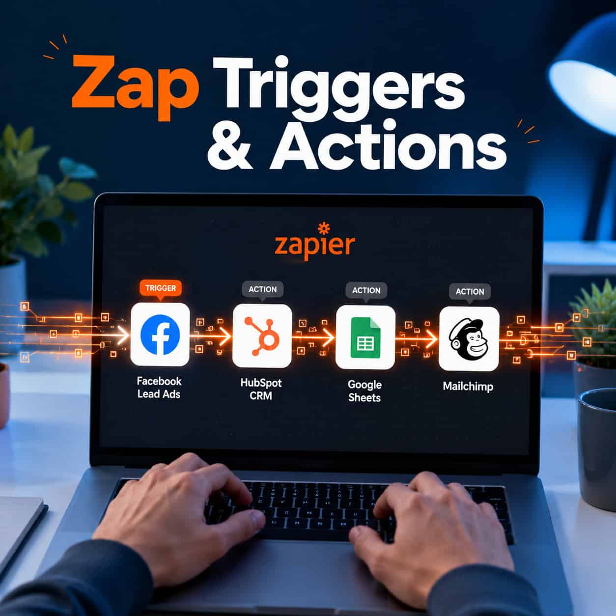 () illustration showing a Zapier workflow diagram on a modern laptop screen with connected app nodes (Facebook Lead Ads,