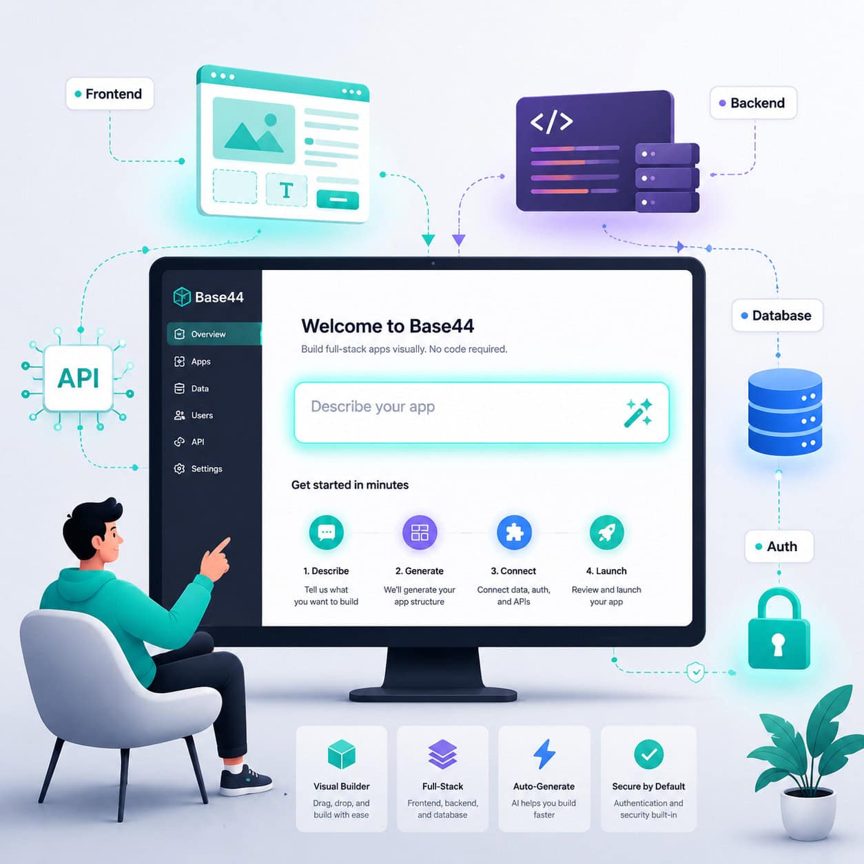 () illustration showing a beginner-friendly onboarding screen concept for Base44 platform. A large monitor displays a clean