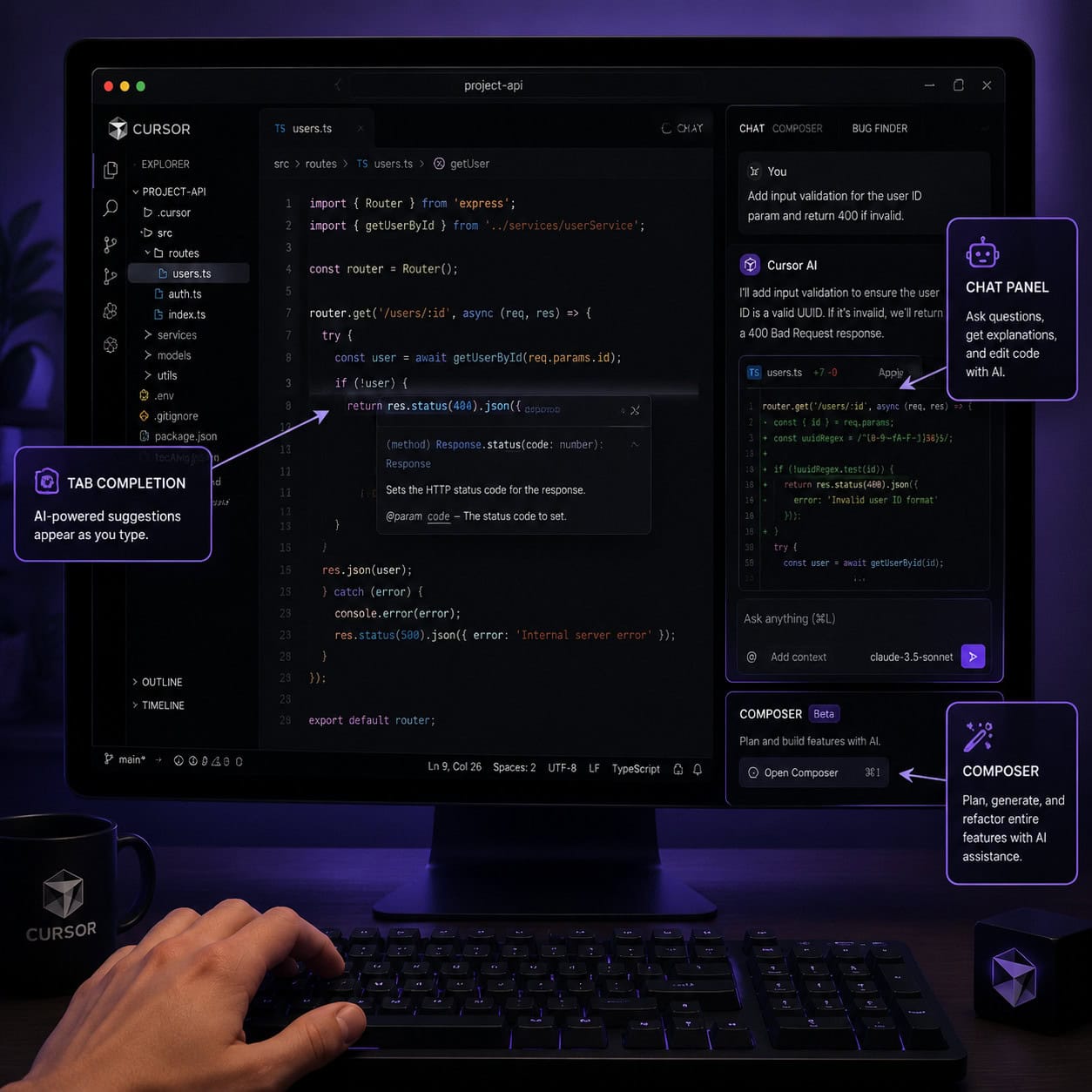 () illustration showing a computer screen displaying the Cursor AI editor interface with the sidebar panel open, featuring
