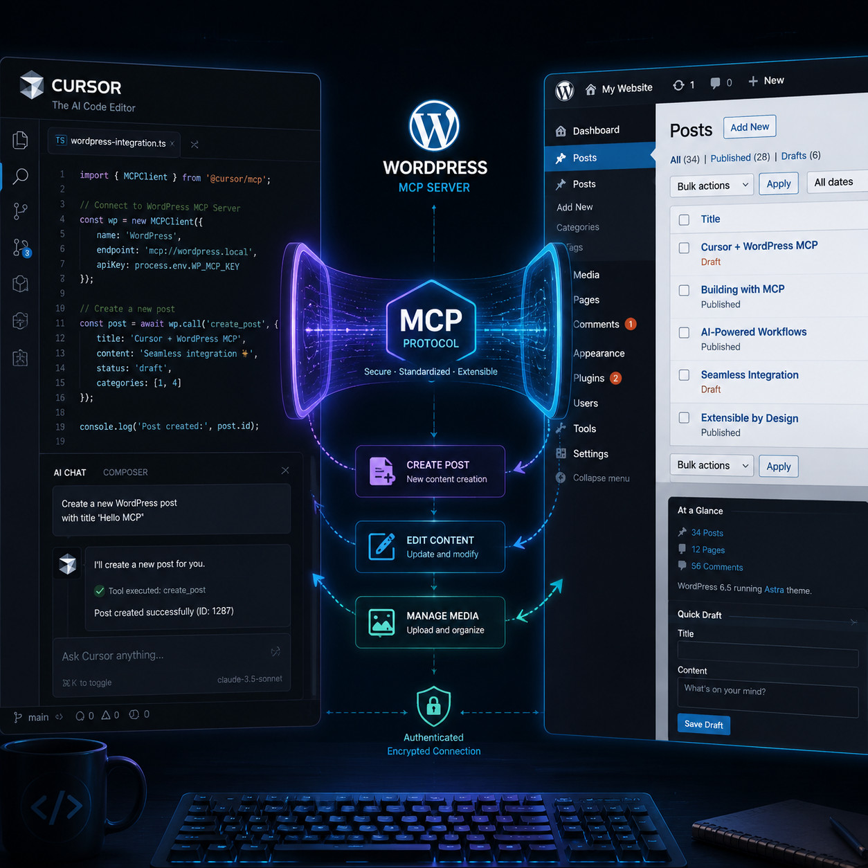 () illustration showing a developer's screen with Cursor IDE open on the left panel and a WordPress dashboard on the right