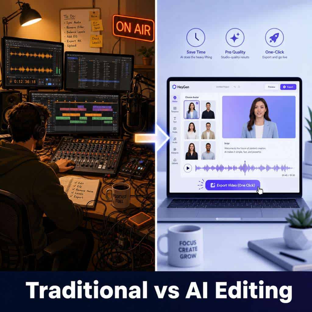 () illustration showing a split-screen comparison: left side depicts a traditional podcast editing setup with a person at a